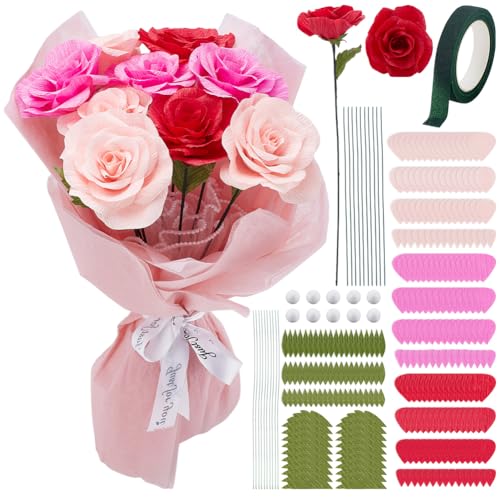 PLIGREAT 10 Set DIY Krepppapier Rose Herstellung vorgeschnittenes Blumenkrepppapier Kit mit Anleitung Buntes Seidenpapier Blumenstiel Draht Grüne Blumenbänder für Anfänger Geburtstagsfeier Dekor von PLIGREAT