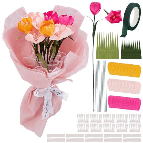 PLIGREAT 10 Set Krepppapier Tulpenherstellungsset DIY vorgeschnittenes Blumenkrepppapier mit Anleitung Buntes Seidenpapier Blumenstiel Draht Grüne Blumenbänder für Anfänger Geburtstagsfeier Dekor von PLIGREAT