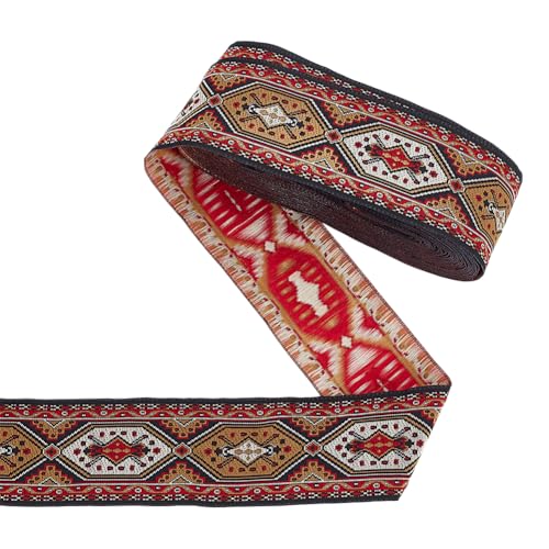 PLIGREAT 10 Yards Boho Jacquard Band Besatz 5cm geometrische gewebte Trim ethnische Stickerei Band Rot Jacquard Geflecht Trim zum Nähen Vorhang Schonbezug Weihnachtskranz Geschenkverpackung Wohnkultur von PLIGREAT