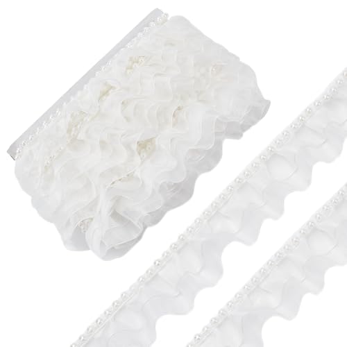 PLIGREAT 10 Yards weiße Perle Organza Spitze Trim Perlen Besatz Spitze Band Rüsche Nähen Spitze für DIY Handwerk Hochzeit Zuhause Dekorative Spitze Band Kleidungsstücke Trim Dekoratives Zubehör von PLIGREAT