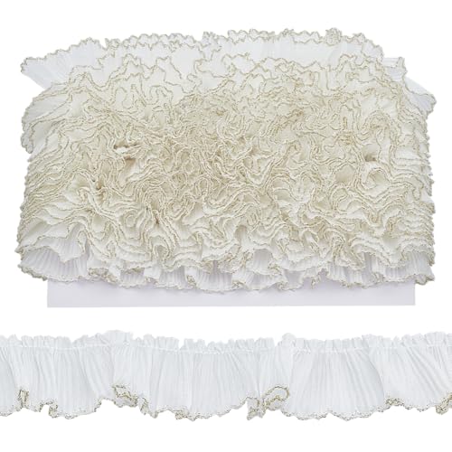 PLIGREAT 10m Rüschen Plissee Chiffon Trim Weiß Spitze Stoff Trim Tüll Stoff Applikation Handwerk Nähen Gold Spitze Grenze Brautkleid Dekoration Applikation für Geschenkverpackung Weihnachten Dekor von PLIGREAT