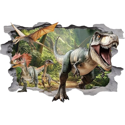 PLIGREAT 2 Blätter 3D Dinosaurier Wandtattoos Breaking Jungle Dinosaurier Wandaufkleber abnehmbare Wanddekoration Aufkleber für Spielzimmer Schlafzimmer Wohnzimmer Kinderzimmer Schule von PLIGREAT