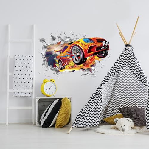 PLIGREAT 2 Blätter 3D Rennwagen Gebrochene Wandaufkleber Peel and Stick Wandkunst Aufkleber Coole große Aufkleber für Jungen Zimmer Schlafzimmer Wanddekoration Zuhause Dekoratives Festival Geschenk von PLIGREAT