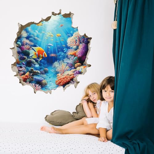 PLIGREAT 2 Blätter 3D Unterwasserwelt Wandtattoos, Ozean Meer Leben Wandaufkleber Ozean Fisch Boden Wandtattoos für Kinder Zimmer Kinderzimmer Badezimmer Wohnzimmer Spielzimmer von PLIGREAT