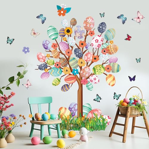 PLIGREAT 2 Blätter Osterei Baum Wandtattoos, bunte Schmetterling Blume Wandaufkleber Vinyl Frühling Baum Wandtattoo abnehmbare Wanddeko für Schlafzimmer Wohnzimmer Kindergarten Schule Klassenzimmer von PLIGREAT