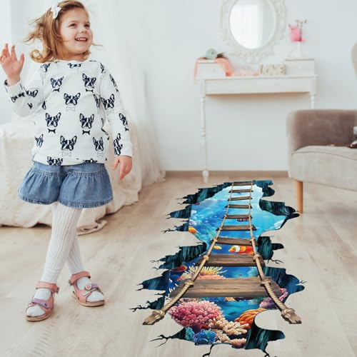 PLIGREAT 2 Blatt 3D Boden Aufkleber, Unterwasserbrücke Wandtattoos Vinyl Meer Welt Ozean Brücke Wandaufkleber abnehmbare Wanddekoration für Schlafzimmer Badezimmer Wohnzimmer Kindergarten Schule von PLIGREAT