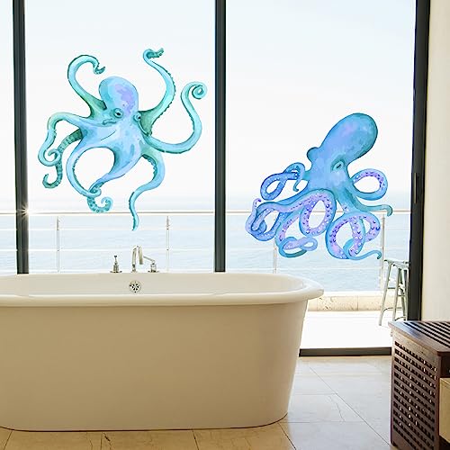 PLIGREAT 2 Blatt Große Blaue Oktopus-Wandtattoo Wasserfarben Ozean-Tier-Wandaufkleber Für Badezimmer Waschraum Kinderzimmer Wanddekoration DIY-Innenraum-Kunstdekoration von PLIGREAT