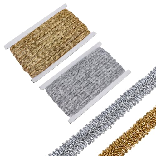 PLIGREAT 2 Farben Gimp Geflecht Trim 14mm breites Polyester geflochtenes Band 13 m Woven Gimp Braid Trim Centipede Geflochtene Spitze Trim für Nähhandwerk Kleidung Vorhänge Zubehör (Gold & Silber) von PLIGREAT