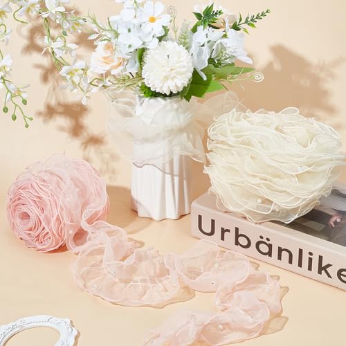 PLIGREAT 2 Farben Plissee Satin Organza Spitzenband 10 m Rosa Satin Organza Spitzenband Stoff mit Perle Perle Champagner Rand sammeln Rüschen Besatz für Hochzeitskleid Verzierung Nähhandwerk von PLIGREAT