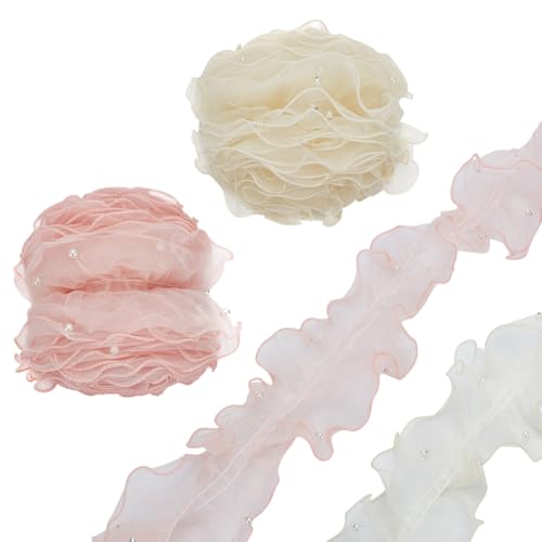 PLIGREAT 2 Farben Plissee Satin Organza Spitzenband 10 m Rosa Satin Organza Spitzenband Stoff mit Perle Perle Champagner Rand sammeln Rüschen Besatz für Hochzeitskleid Verzierung Nähhandwerk von PLIGREAT