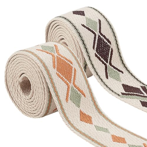 PLIGREAT 2 Rollen Boho Style Gurtband 3,8 cm Beige Rautenmuster Gurtband 4,57 m Polycotton Jacquard Gurtband für Taschengurte Geldbörse Herstellung Kunst und Handwerk Zubehör von PLIGREAT