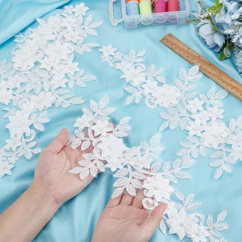 PLIGREAT 2 Stück 3D Spitze Blumen bestickte Applikation, Perlen Strass Blume Applikationen Patches Nähen auf Patches Stoff Applikationen für DIY Hochzeit Braut Kleider Kleidung Accessoires, Weiß von PLIGREAT