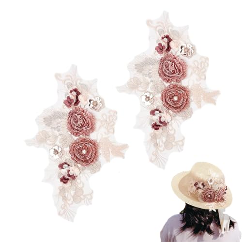 PLIGREAT 2 Stück 3D Spitze Perlen Blumen bestickte Applikation, Perlen Rose Applikationen Patches Nähen auf Patches Stoff Applikationen für DIY Hochzeit Braut Kleider Schneider Shop Kleidung Zubehör von PLIGREAT