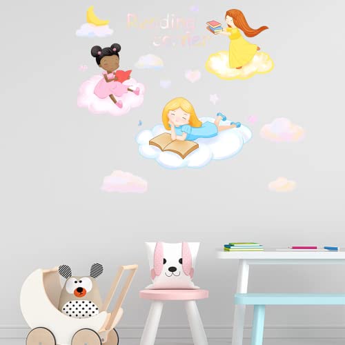 PLIGREAT 2 Stück Niedlicher Lesen Ecke Wandtattoo für Kinderzimmer Das kleine Mädchen in den Wolken Wandbilder Aufkleber für Schlafzimmer Spielzimmer DIY Großes Format Wanddekoration von PLIGREAT