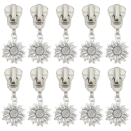 PLIGREAT 20 Stücke Sonnenblume Reißverschluss Pulls Silber Reißverschluss # 5 Ersatz-Reparatursatz Universal Reißverschluss Reparatursätze für Jacke Gepäcktasche Schneiderei Shop Zubehör von PLIGREAT