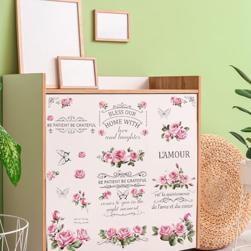 PLIGREAT 3 Blätter Reiben auf Transfers für Handwerk und Möbel Aufkleber Rose Blume Schmetterling Aufkleber für DIY Holz Kleiderschrank Schublade Schranktür Tisch Stuhl Dekoration von PLIGREAT