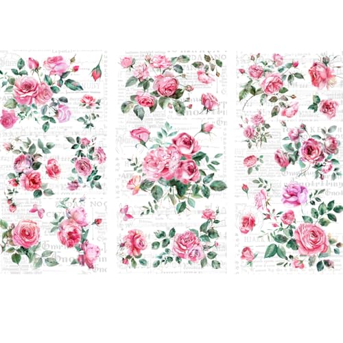 PLIGREAT 3 Blätter rosa Rose reiben auf Transfers für Kunsthandwerk Aquarell Blume Möbel reiben auf Aufkleber Vintage Möbel Aufkleber für Holz Kommode Dekor Scrapbooking Aufkleber von PLIGREAT