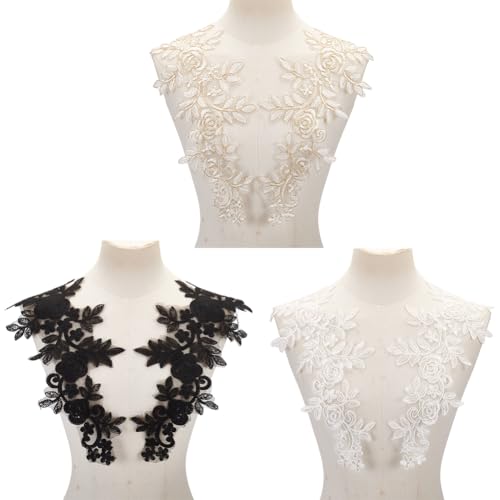 PLIGREAT 3 Paare Spitze Blume bestickte Patches Applikationen, 3D Weiß Schwarz Blumen Applikationen Annähen Patches Spitze Brautkleid Stoff Applikationen für Hochzeit Bräute Kleid von PLIGREAT