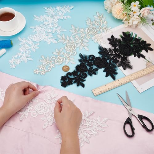 PLIGREAT 3 Paare Spitze Blume bestickte Patches Applikationen, 3D Weiß Schwarz Blumen Applikationen Annähen Patches Spitze Brautkleid Stoff Applikationen für Hochzeit Bräute Kleid von PLIGREAT