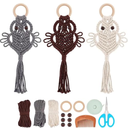 PLIGREAT 3 Set DIY Eule Makramee Kit Boho Eule Traumfänger Makramee Knoten Ornament Kit für Schlafzimmer Wohnzimmer Büro Wohnung Wandbehang Dekor Handarbeit für Anfänger Video enthalten von PLIGREAT