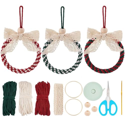 PLIGREAT 3 Set Makramee Weihnachtskranz Ornament Kits Schleife Kranz Anfänger DIY Makramee für Wandbehang Weihnachtsbaum Dekor Auto Tasche Charme handgemachte Bastelanleitung enthalten von PLIGREAT