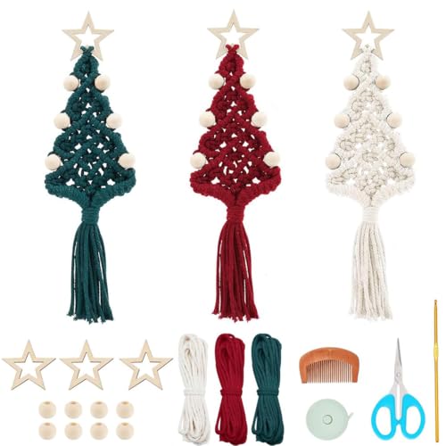 PLIGREAT 3 Sets DIY Makramee Weihnachtsbaum Kit Makramee Ornamente für Weihnachtsbaum Perlen Makramee Weihnachtsbaum Bastelset mit Anleitung für Weihnachtsbaum Wandbehang von PLIGREAT