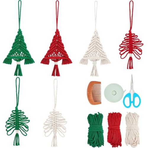 PLIGREAT 6 Sets DIY Weihnachten Makramee Kit Weihnachtsbaum gewebtes Kit mit Anleitung Video Strickzubehör Boho Makramee Hängende Ornamente für Makramee Anfänger Weihnachtsbaum Home Decor von PLIGREAT