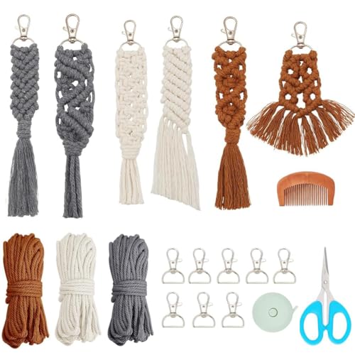 PLIGREAT 6 Sets DIY Wristlet Schlüsselanhänger Kit Boho Makramee Schlüsselanhänger Kit mit Anleitungsvideo Makramee Schnur Knüpfset Enthält Schlüsselanhänger Strickzubehör für Makramee Anfänger von PLIGREAT