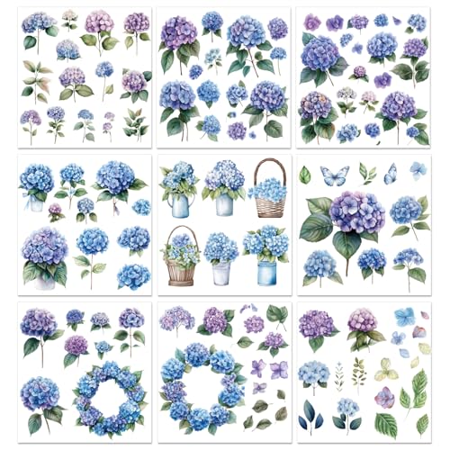 PLIGREAT 9 Blatt Vintage Rubbelbilder Zum Basteln Transferaufkleber Für Möbel Mit Hortensien Aquarell Blumen Pflanzen Zum Aufkleben Für Holz Kommoden Glas Porzellan DIY Heimdekoration 15x15cm von PLIGREAT