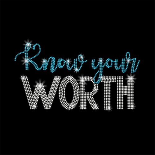 PLIGREAT Aufnäher Mit Buchstaben „Know Your Worth“ Zum Aufbügeln Strass Bling Aufbügler Selbstklebend Kleidungsflicken Für Jacken Jeans Hüte Hotfix Strass Patches Modische Damen Und Herren T Shirts von PLIGREAT