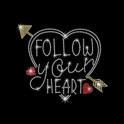 PLIGREAT Bling Herz Bügelbild Strass Aufnäher „Follow Your Heart“ Zum Wärmetransferieren Applikation Zum Ausbessern von Kleidung Zum Aufbügeln von Strasssteinen Für Kleidung DIY Accessoires von PLIGREAT