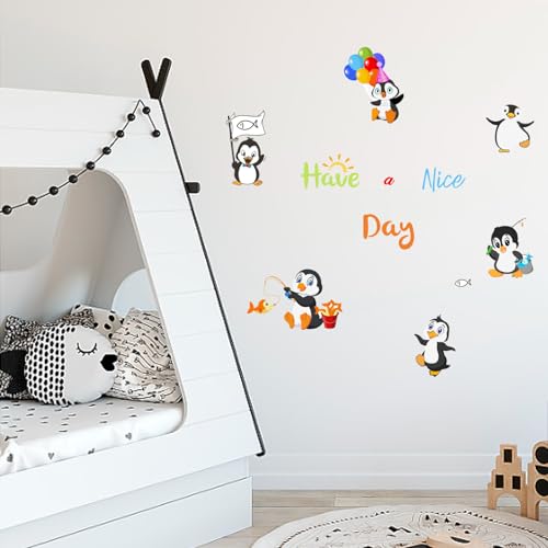 PLIGREAT Bunt Pinguin Wandtattoo Kinderzimmer Wandaufkleber Have A Nice Day Zitate Wandbilder Aufkleber für Schlafzimmer Kindergarten Tür Kühlschrank Heimdekoration von PLIGREAT