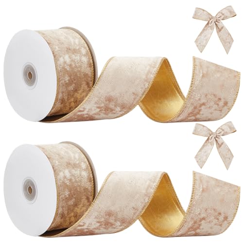 PLIGREAT Champagner Samt Drahtband 2,5 Zoll Champagner Gold Samt Drahtband mit Glitzer 20 Yards Weihnachtsbaum Band für Geschenkverpackung Weihnachtsdekoration Kranz Girlande Handwerk Wohnkultur von PLIGREAT