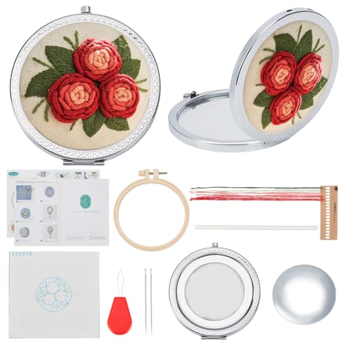 PLIGREAT DIY Stickerei Spiegel Kit Rose gestempelt Kreuzstich Spiegel Kit Blume Spiegel Stickerei für Anfänger Anfänger mit Anleitung Vintage Tragbarer Handspiegel Kompakt von PLIGREAT