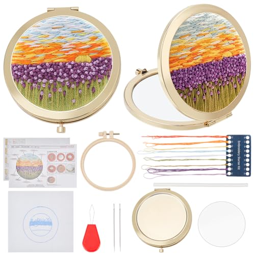 PLIGREAT DIY Stickerei Spiegel Kit Tulpen gestempelt Kreuzstich Spiegel Kit Blume Spiegel Stickerei für Anfänger Vintage Tragbarer runder Spiegel Metall Compact Spiegel Crafts Geschenk für Frauen von PLIGREAT