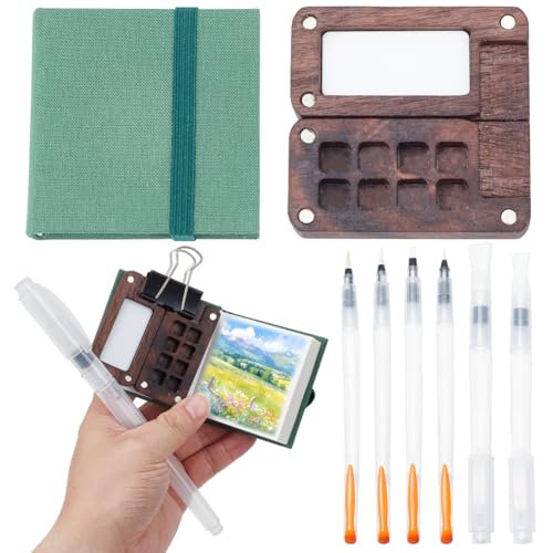 PLIGREAT Mini Skizzenbuch Tragbare Aquarellpalette Set Holz 8 Gitter Malkasten, Aquarell Papier Block Aquarell Skizzenbuch Aquarell Pinsel Stifte mit Bindeklammern für Maler Künstler Studenten von PLIGREAT