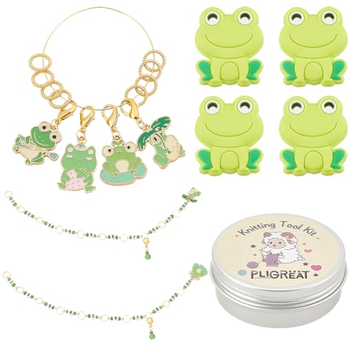 PLIGREAT Niedliche Frosch Nähwerkzeug Kit 12 Stück maschenmarkierer 2 Stück Strickreihen-Gegenketten mit 4 Stück Stricknadelspitzenschutz zum Quilten Weben Anfänger Oma Mama Hand DIY Zubehör Geschenk von PLIGREAT