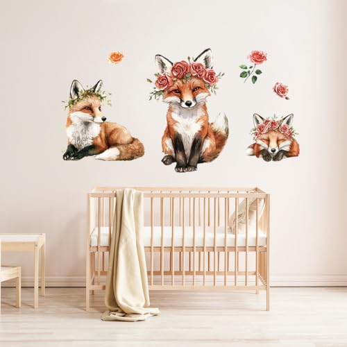 PLIGREAT Niedliche Fuchs Wandaufkleber Aquarell Fuchs mit Rosenkranz Wandtattoos lebensechte 3D Fuchs Wanddekoration Peel and Stick Wandtattoos für Kinder Kinderzimmer Zuhause Indoor Wanddekoration von PLIGREAT