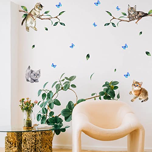 PLIGREAT Niedliche Katze auf Baumzweigen Wandtattoos für Kinder Schlafzimmer Wohnzimmer Fenster Wohnkultur Aquarell Blau Schmetterling Wandaufkleber Lebensechte Spielende Katzen Wandkunst Abziehbilder von PLIGREAT