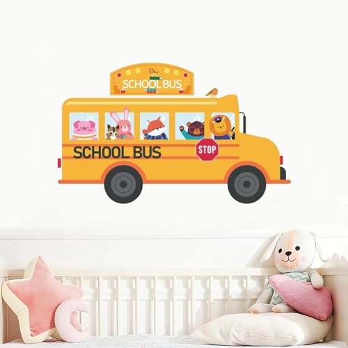 PLIGREAT Niedliche Tier Bus Wandtattoo Cartoon Schulbus Wandkunst Wandbilder für Kinderzimmer Schlafzimmer Spielzimmer Kabinett Dekor große Größe Aquarell Wandaufkleber von PLIGREAT