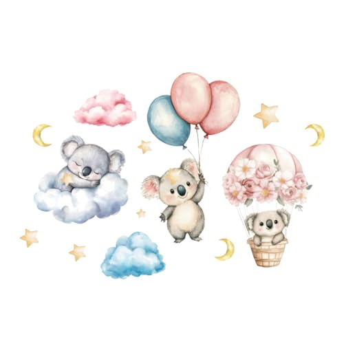 PLIGREAT Niedlicher Koala, der in den Wolken schläft Wandtattoos Aquarell Blumen Heißluftballon Wandaufkleber DIY Bunte Prinzessin Zimmerdekoration Wandtattoos für Mädchen Schlafzimmer Kinderzimmer von PLIGREAT