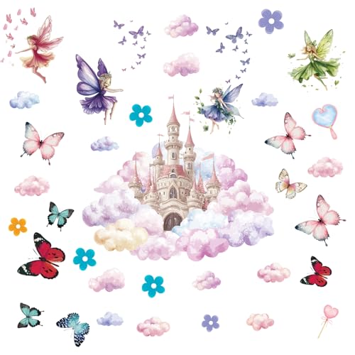 PLIGREAT Prinzessin Schloss Wandtattoo, Aquarell Wolke Fee Schloss Wandaufkleber bunte Schmetterling Blume Wandtattoo für Schlafzimmer Kinderzimmer Wohnzimmer Haus Wand Decoratio von PLIGREAT