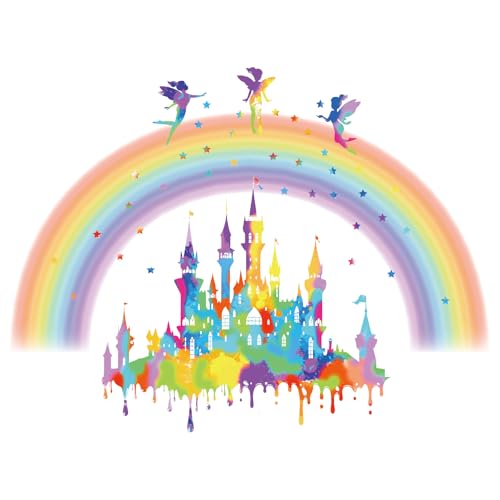 PLIGREAT Regenbogen Schloss Wandtattoos, bunte Märchenprinzessin Wandaufkleber abnehmbare Aquarell Sterne Wanddekoration Aufkleber Vinyl Wandtattoo für Schlafzimmer Kinderzimmer Wohnzimmer von PLIGREAT