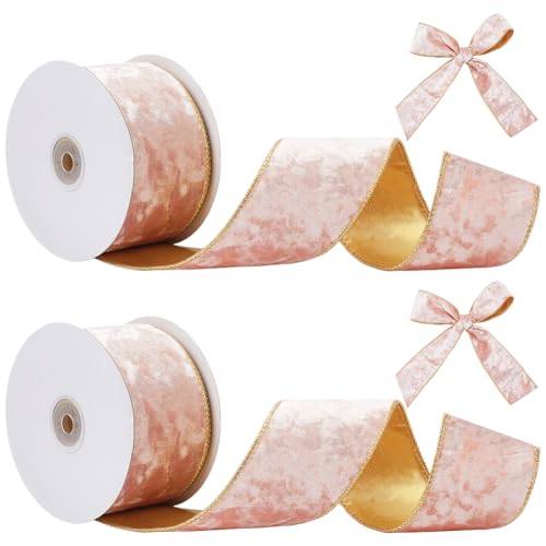 PLIGREAT Rosa Samt Band Draht 2,5 Zoll Rosa Gold Samt Draht Band mit Glitzer 20 Yards Weihnachtsband für Geschenkverpackung Christbaum Schmuck Kränze Girlanden Kunsthandwerk Home Decor von PLIGREAT