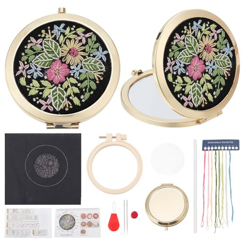 PLIGREAT Stickerei Spiegel Kit Gestempelt Kreuzstich Spiegel Kit DIY Strauß Spiegel Stickerei für Anfänger Vintage Tragbarer runder Spiegel Stickerei Metall Faltbarer Spiegel für Frauen mit Anleitung von PLIGREAT