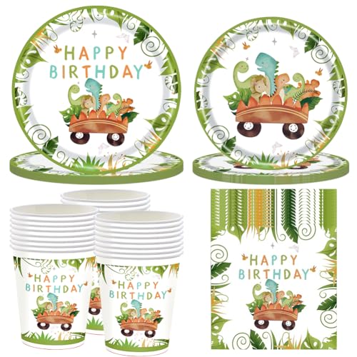 96 pcs Dino Geburtstag Deko Partygeschirr Set, Dinosaurier Geburtstag Party Geschirr, Geschirr Pappteller Tassen Servietten für Kindergeburtstag Deko Junge Mädchen 24 Gäste von PLLBMXTI