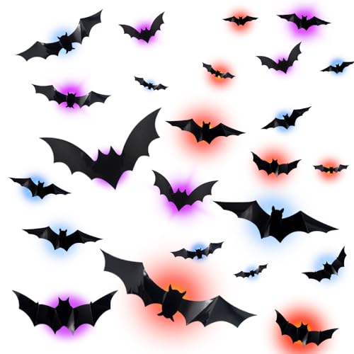 PLLYPE Halloween 3D Fledermaus Deko, 24 Stück Fledermaus Halloween Deko mit LED Beleuchtung, 3D Schwarze Fledermäuse, Wandaufkleber in 5 Verschiedenen Größen für Fensterdeko, Fledermaus Wanddeko, DIY von PLLYPE