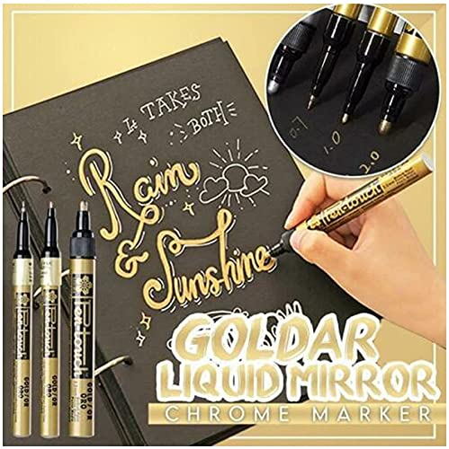 3 Stück Gold Art Liquid Mirror Chrome Marker, Diy Permanent Mirror Reflective Paint Pen, Liquid Chrome Marker Set für auf jeder Oberfläche, 0,7/1/2 mm Spitze Spiegelreflexion (0.7) von PLMIONGG