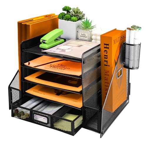 PLSOPPKG 5 Etagen Papier Briefablage mit Dateihalter, Metall Mesh Schreibtisch Datei Organizer mit Schublade und Stifthalter, Multifunktionaler Magazin-Dokumentenhalter für Home Office von PLSOPPKG