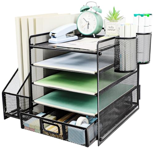 PLSOPPKG Schreibtisch Organizer mit Aktenhalter, 5 Ebenen Papier Organizer Briefablage mit Schublade und 2 Stiftehalter, Mesh Schreibtisch Akten Organizer mit Zeitschriftenhalter für Büro von PLSOPPKG